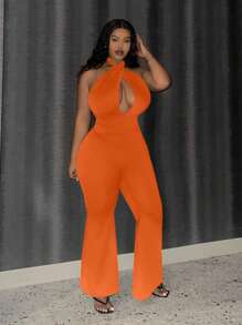 Slaydiva Mono De Talle Grande Cruzado Con Tirantes Halter Cuello, Espalda Abierta Y Piernas Acampanadas - Naranja - Ver 5