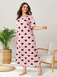 大码心形印花睡衣裙，长裙