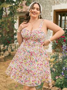Dreamara Plus Size Floral Print Spaghetti Strap A-Line Dress With Cinching Waist Spring Dress Pink Women Dresses Summer Dress Summer Dress Maxi Women Dresses Junior Dresses Country Concert Outfit Colorful Dress Casual Women Dresses Vacation  Romantic Ruffled Edges - Multicolor - View 1