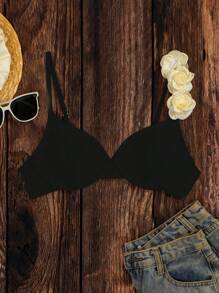 SHEIN Swim Summer Beach Solid Color Spaghetti Straps Bikini Top With 3d Floral Decor - Black - View 8