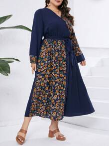 Seusyu Talla Grande Vestido De Parches Suelto Con Estampado Floral Y Cuello En V - Azul - Ver 5