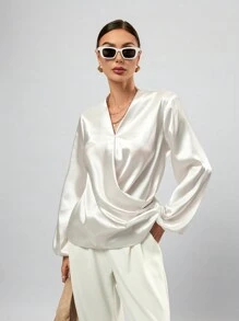 GENKIRA 女性純色雲袖包身襯衫 - 白色 - 查看 3