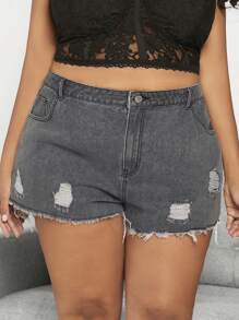 SHEIN CURVE+ سروال جينز قصير منسوج من الحافة المزينة بالشرابات الرمادي للنساء بمقاس زائد