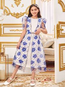 SHEIN 2pcs/Set Tween Girls' Loose Cute Floral Pattern Puff Sleeve Jacket And Dress Outfit