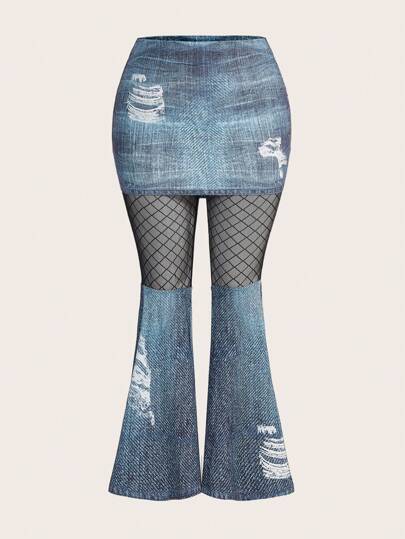 Jeans Print Splicing Sheer Mesh Flare Hose Große Größen