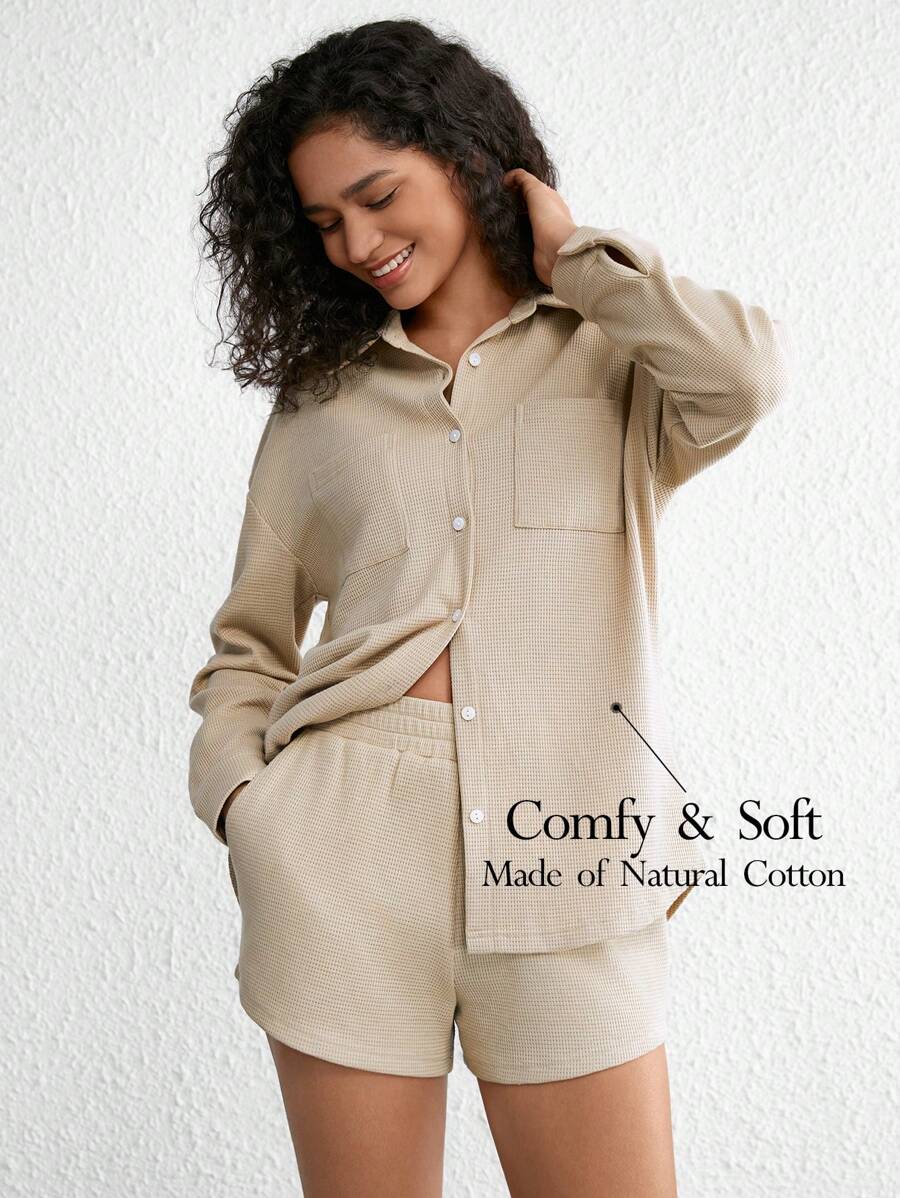 Ocili Leisure Drop Shoulder Pocket Patched Lounge Top - Khaki - View 1