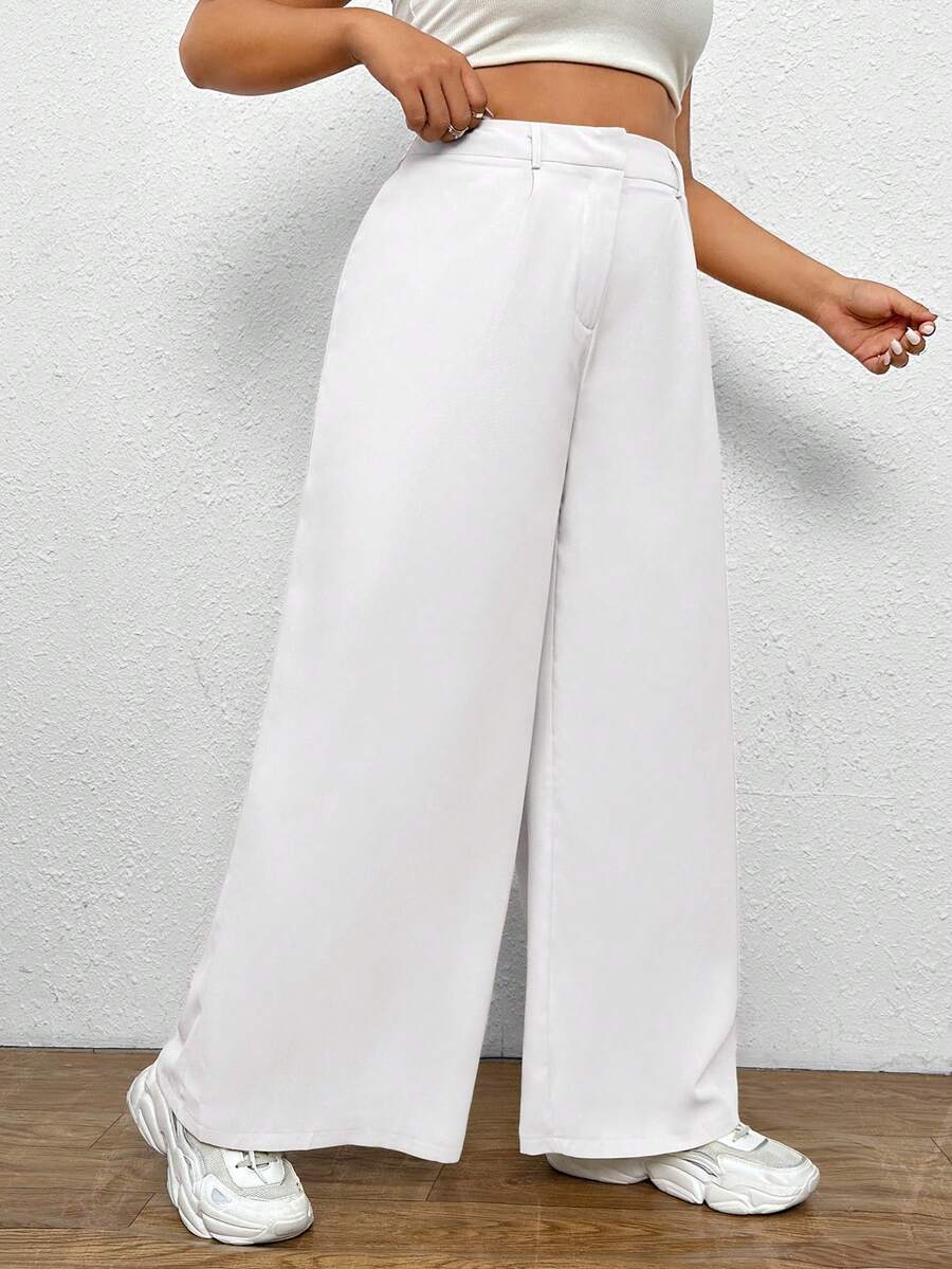 SHEIN EZwear Pantalones De Pierna Ancha Con Color Sólido De Talla Grande - Blanco - Ver 1