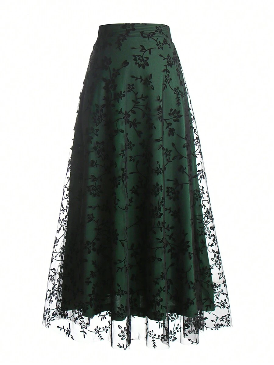 EARO 春季花园派对系列，女士高腰刺绣花卉半身裙，外层薄纱A字裙，复古浪漫风格，约会裙，小众设计 - 墨綠色 - 查看 1