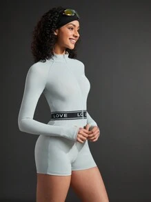 In My Nature Letter Printed Stand Collar Zipper Detail Thumb Hole Slim Fit Jumpsuit - Blue - View 6