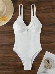 SHEIN Swim 纯色扭曲纹理连体泳衣，适合夏季海滩度假 - 白色 - 查看 1