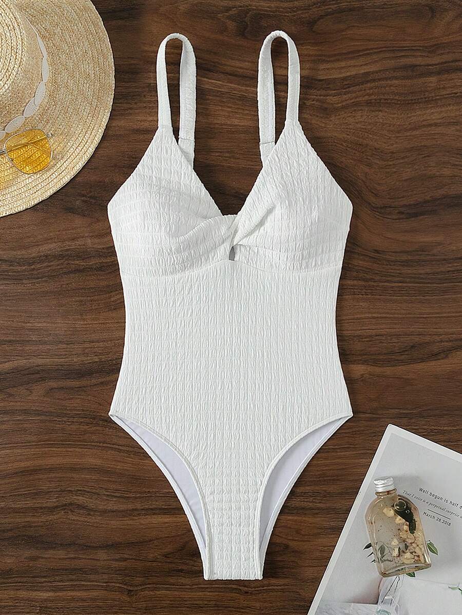 SHEIN Swim 纯色扭曲纹理连体泳衣,适合夏季海滩度假 - 白色 - 查看 1