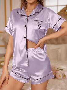 LuxeNights Women's Imitation Silk Pajama Set With Heart-Shaped Pocket And Embroidery - Lilac Purple - View 4