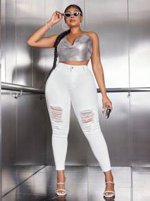 SHEIN SXY 大尺碼女士白色修身彈力撕裂牛仔褲 - 米色 - 查看 1