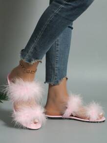 Sandalias Planas Decoradas Con Plumas Y Correa Peluda Para Mujer, Rosadas, Con Diseño Casual Redondo De Punta Sexy