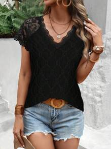 SHEIN LUNE Casual Short Sleeve V-Neck T-Shirt With Lace Patchwork - Black - View 4
