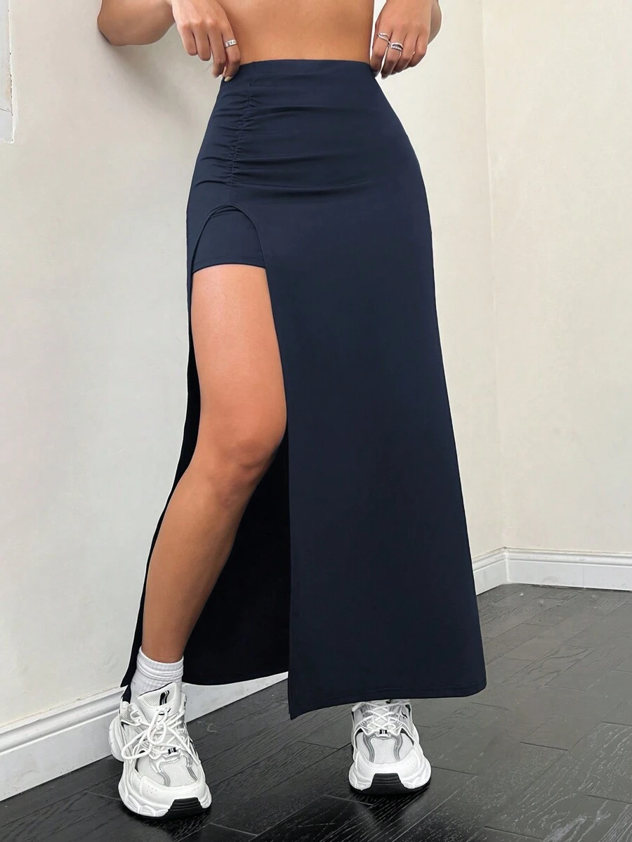 SHEIN EZwear Váy dài xẻ cao xếp ly màu trơn cho nữ - Màu xanh lam - Xem 1