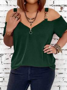 SHEIN LUNE Plus Size Women's Fashionable Summer Cold Shoulder T-Shirt With Metallic Chain Strap - Dark Green - View 5