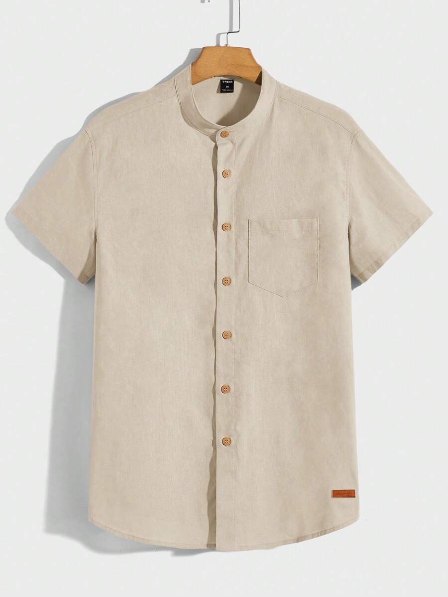 Manfinity BRENVOR Solid Color Weave Short-Sleeve Shirt With Pocket And Front Buttons - Apricot - View 1