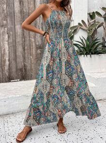 SHEIN VCAY Của phụ nữ In Áo nịt ngực xếp ly dây rút Dải mỏng Đầm - Màu xanh lam - Xem 6