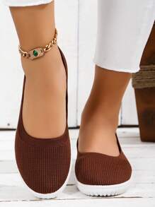 女款簡約編織款懶人運動鞋,棕色圓頭戶外休閒運動鞋 - 棕色 - 查看 2