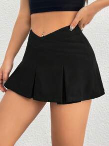SHEIN PETITE Women's Solid Color Asymmetrical Waist Pleated Mini Skirt - Black - View 3