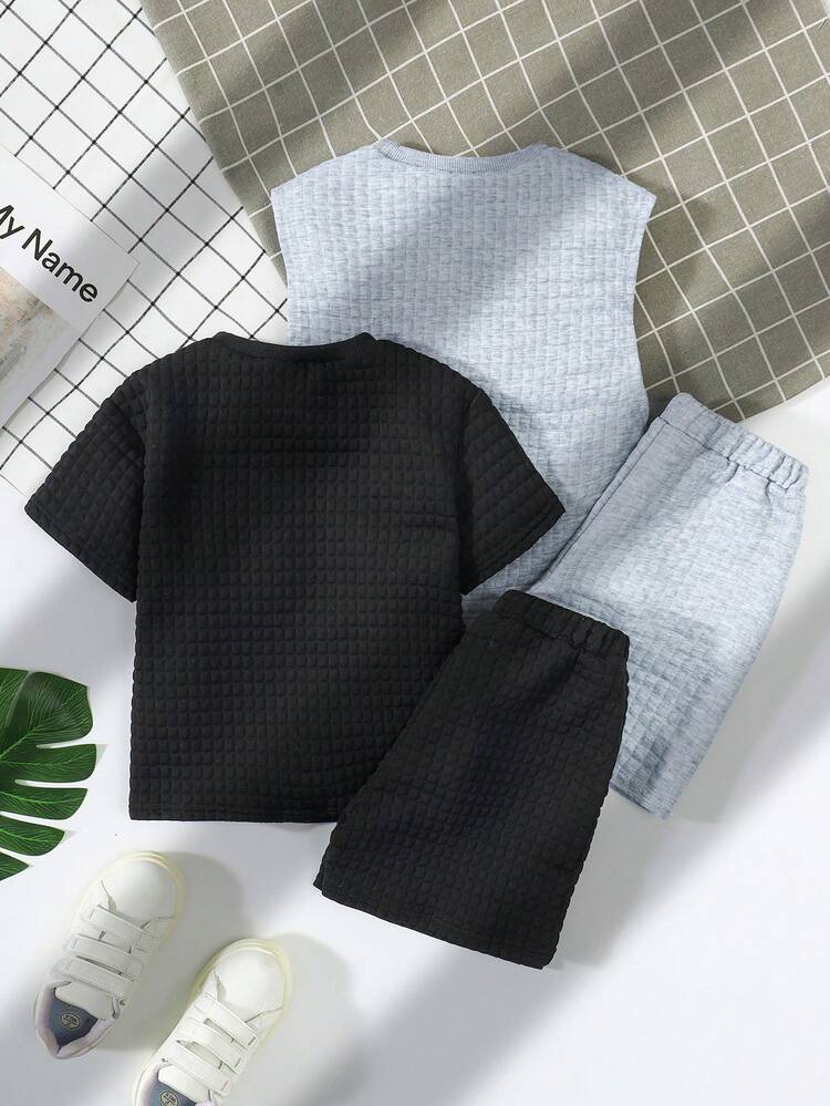Toddler Boys' 4pcs/Set Solid & Plaid Short Sleeve Tee, Shorts, Tank Top And Shorts Set
