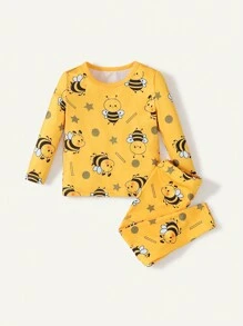 男婴舒适款黄色蜜蜂印花长袖T恤和裤子套装，适合居家穿着 - 黃色 - 查看 3