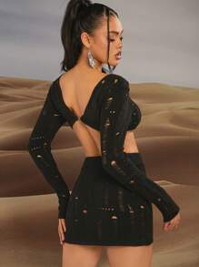 Hauture Rách Đan Liên kết Bộ đồ trên và váy - màu đen - Xem 2