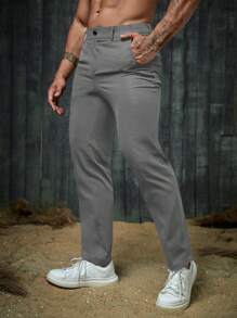 GENTILAND Woven Solid Color Versatile Casual Long Pants Suitable For Everyday Wear - Dark Grey - View 1