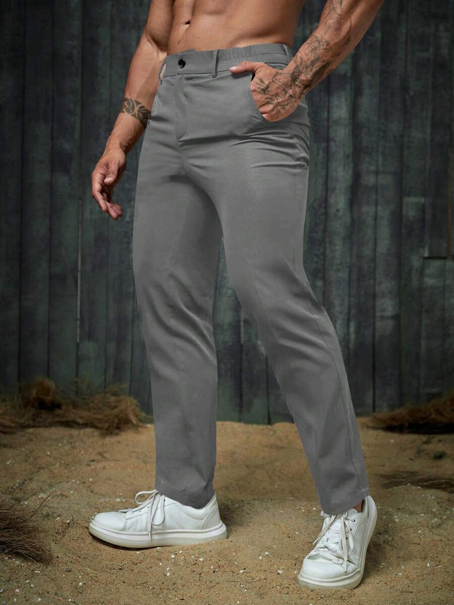 GENTILAND Woven Solid Color Versatile Casual Long Pants Suitable For Everyday Wear - Dark Grey - View 1