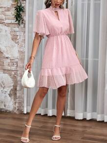 SHEIN LUNE 女士荷葉領短袖洋裝,配鑽石開叉領線 - 粉色 - 查看 4