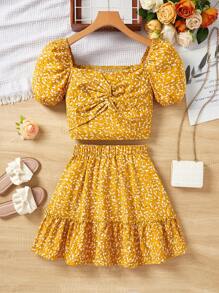 SHEIN Ensemble décontracté de deux pièces pour adolescente, composé d'un Top à manches courtes avec imprimé floral tressé et nœud, et d'une jupe pour les vacances - Jaune citron - Voir 1