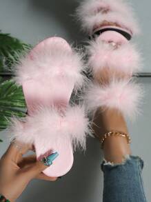 Sandalias Planas Decoradas Con Plumas Y Correa Peluda Para Mujer, Rosadas, Con Diseño Casual Redondo De Punta Sexy