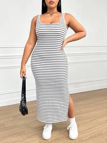 CovetEZ Abito canotta donna taglie forti con spacchi laterali a righe - Bianco e nero - Visualizzare 4