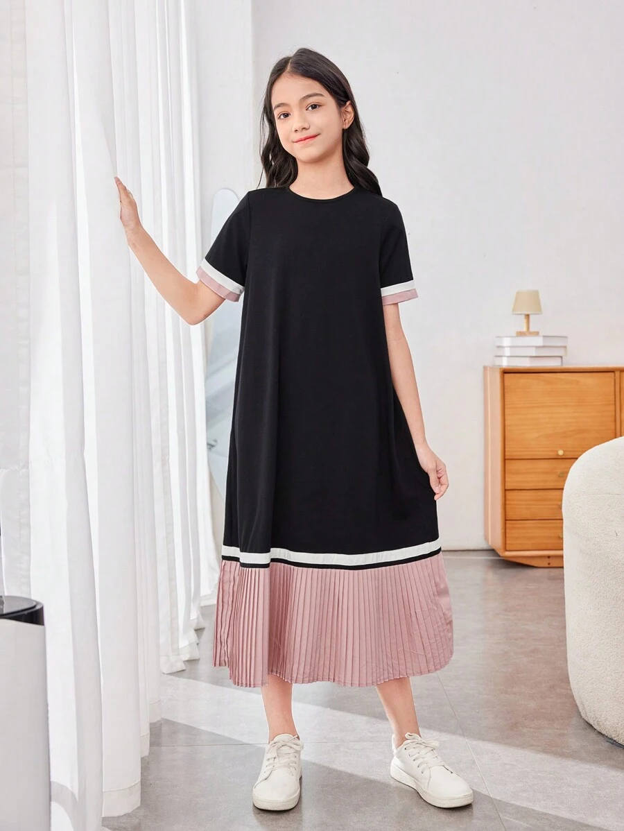 SHEIN Leap Crew Tween女孩鬆身休閒圓領套頭式彩塊褶裙中長裙 - 彩色 - 查看 1