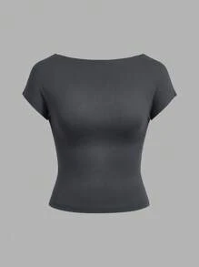 SHEIN EZwear Set de 3 camisetas ajustadas de mujer de manga corta, cuello redondo, sin espalda, en colores negro, blanco y gris, de estilo minimalista y casual, adecuadas para el verano