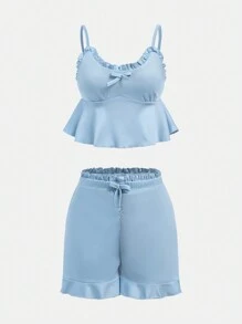 少女簡約休閒可愛荷葉邊背心上衣和短褲套裝 - 淺藍色 - 查看 1