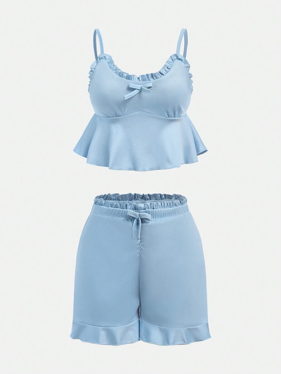 少女簡約休閒可愛荷葉邊背心上衣和短褲套裝 - 淺藍色 - 查看 1
