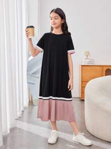 SHEIN Leap Crew Tween女孩鬆身休閒圓領套頭式彩塊褶裙中長裙 - 彩色 - 查看 5