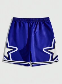 ROMWE MEN Prep Men's Letter & Star Print Drawstring Waist Shorts, School - Blue - View 2