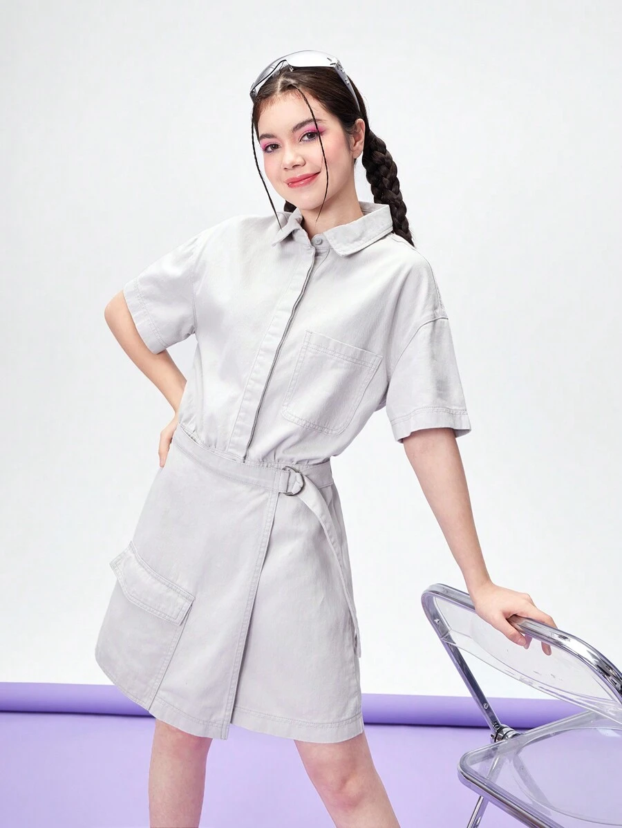 Váy liền quần denim cho cô gái tuổi teen, Hàng mới về Váy liền quần denim màu xám nhạt giản dị và thời trang có chi tiết giặt nước - Màu Xám nhạt - Xem 1