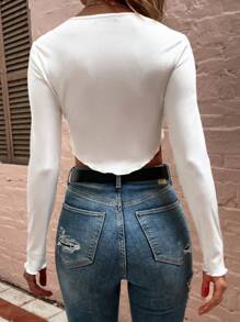 SHEIN LUNE Camiseta De Manga Larga De Cuello Redondo Y Dobladillo Asimétrico unicolor Para Mujeres