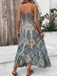 SHEIN VCAY Của phụ nữ In Áo nịt ngực xếp ly dây rút Dải mỏng Đầm - Màu xanh lam - Xem 2