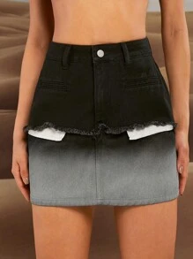 SHEIN Unity Ombre Peekaboo Pocket Denim Skirt - Black - View 6