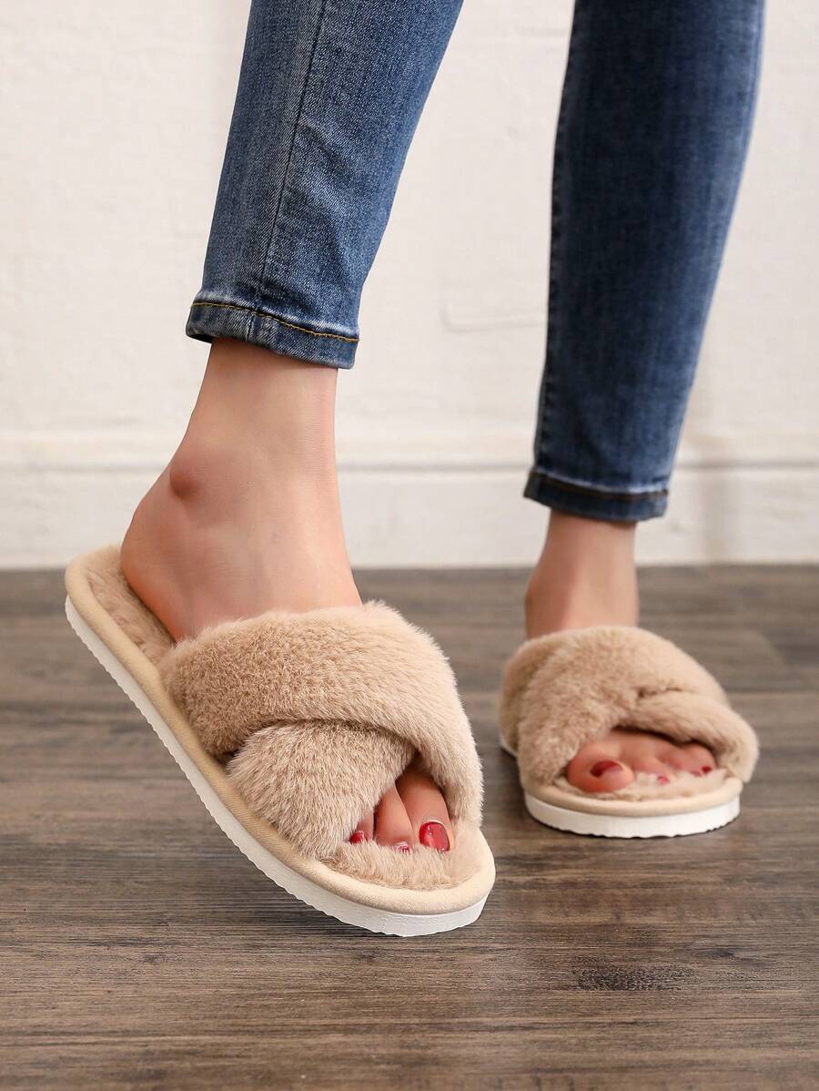 Fluffy Indoor Open Toe Slippers For Women, Warm Plush Furry Slides For All Seasons, Autumn/Winter - Camel - View 1