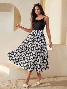 GENKIRA Heart Pattern Printed Elastic Waist Loose Skirt - Black - View 3