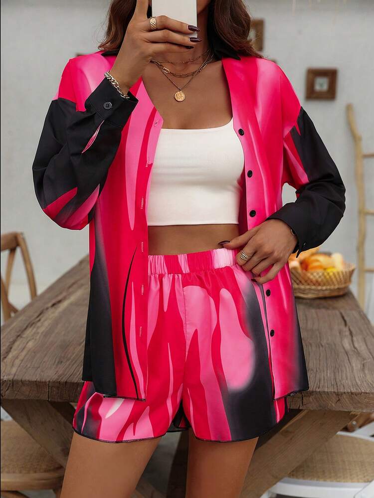 Ladies' Contrast Color V-Neck Long Sleeve Top And Shorts Two Pieces Set Fall Cloth For Women