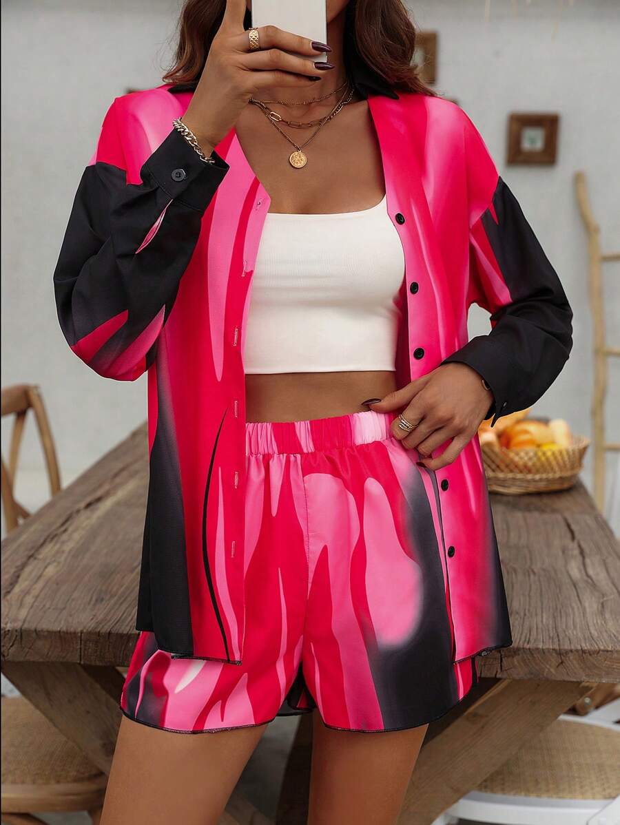 SHEIN LUNE 女士撞色V领长袖上衣和短裤两件套 - 彩色 - 查看 1