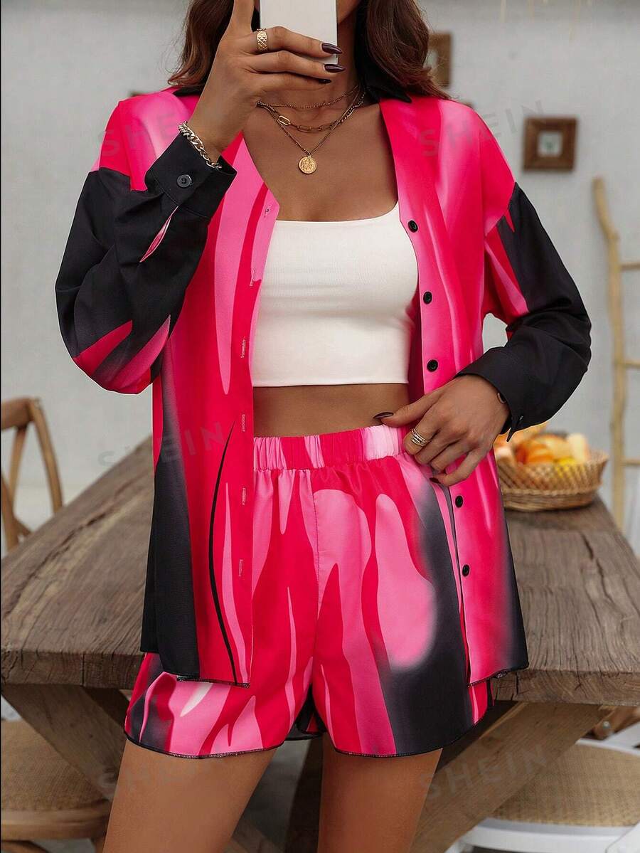 SHEIN LUNE Conjunto de dos piezas de top de manga larga con cuello en V y color contrastante, y shorts para damas