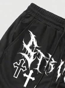 ROMWE MEN Goth Pantalones cortos de baloncesto con diseño de 2 en 1, estilo gótico, transpirables, con estampado de letras y cruces, adecuados para uso diario en primavera y verano, escuela, Halloween - Negro - Ver 4